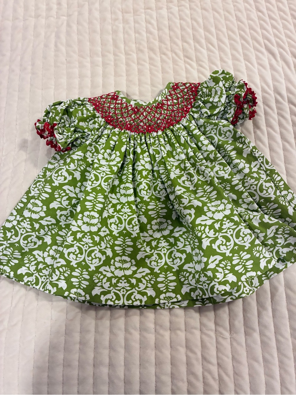 Stellybelly 2t Green and White Smocked Baby Dress with Red Accents
